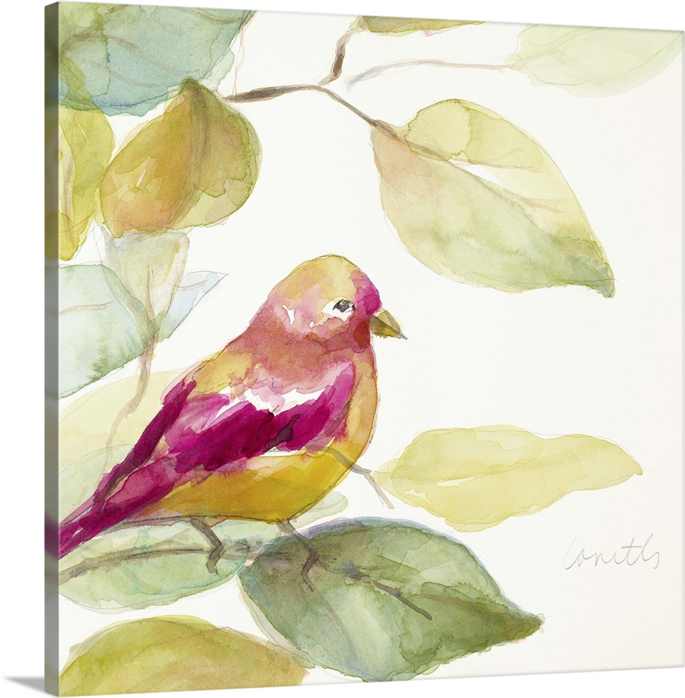 Square watercolor painting of a bird made with magenta and yellow hues perched on a tree branch, surrounded by green, yell...
