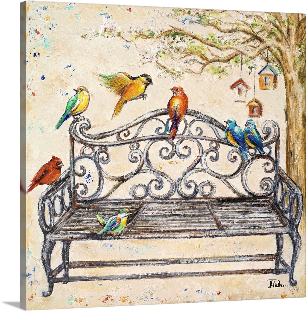 Colorful birds sitting on an iron bench near a tree with bird houses.