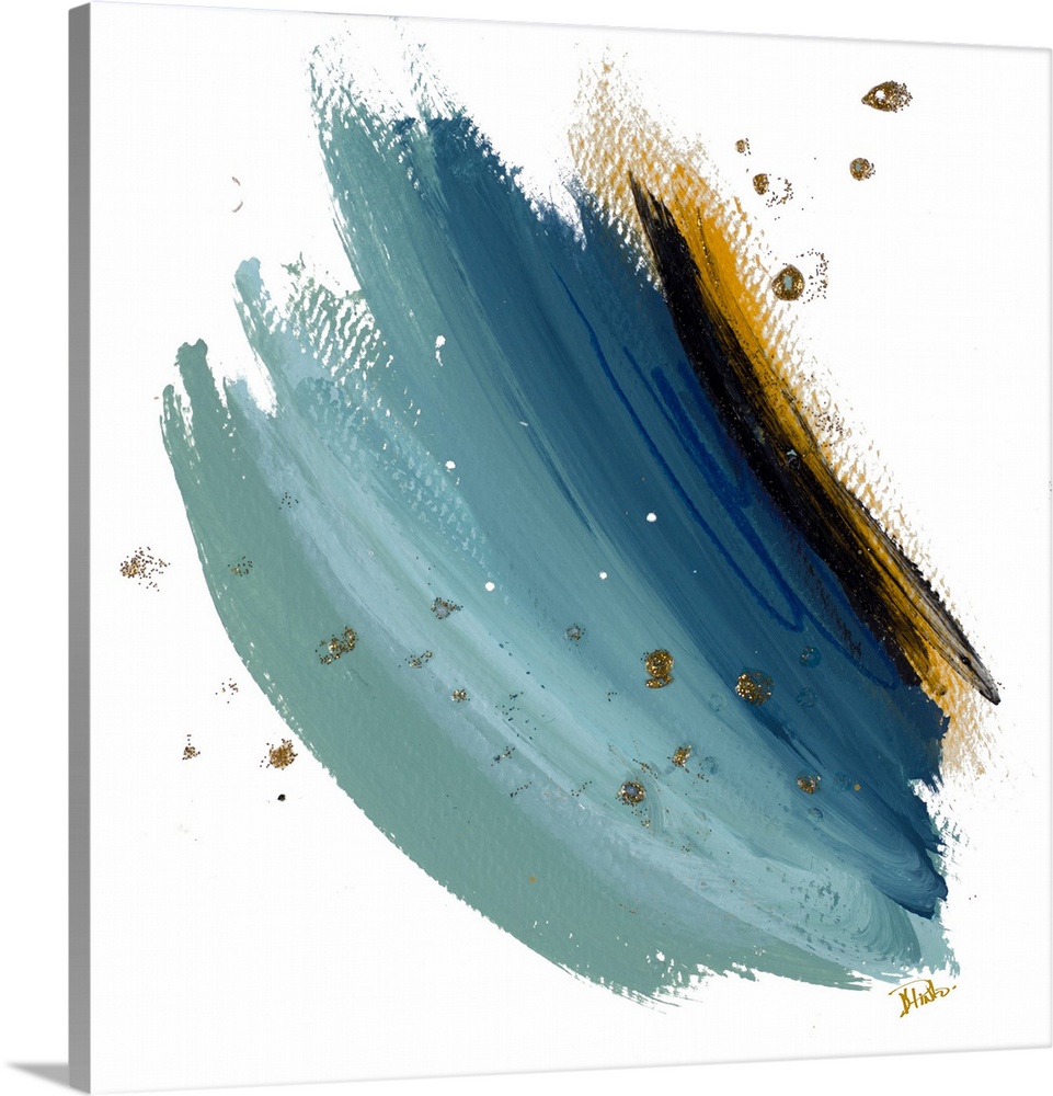 Abstract artwork featuring thick brush strokes in shades of blue with gold color splatters and speckles throughout.