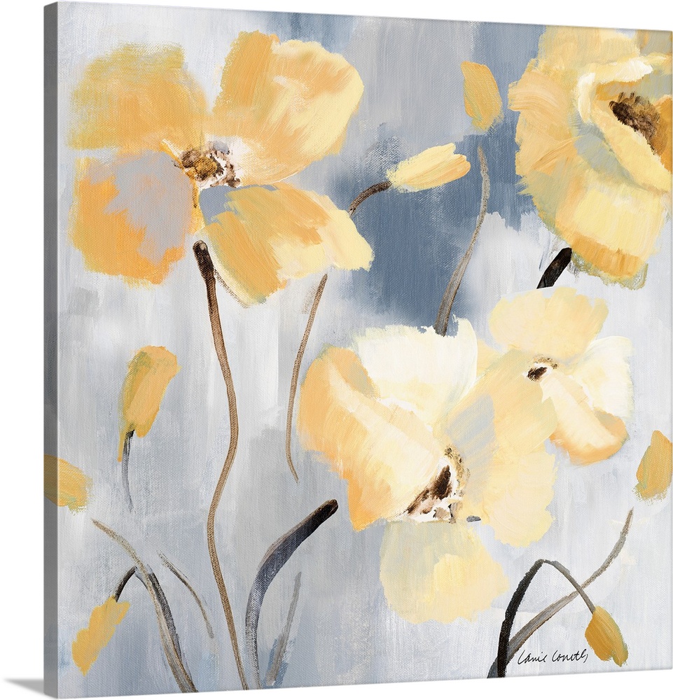 Contemporary artwork featuring soft yellow flowers against a blue-gray background with horizontal brush strokes.