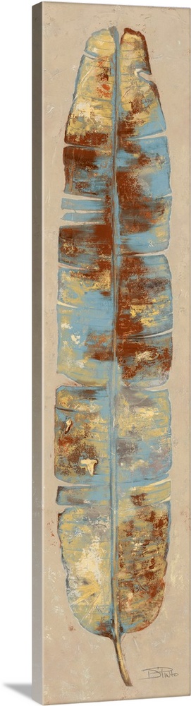 Contemporary artwork of a long, broad leaf in blue and brown shades.