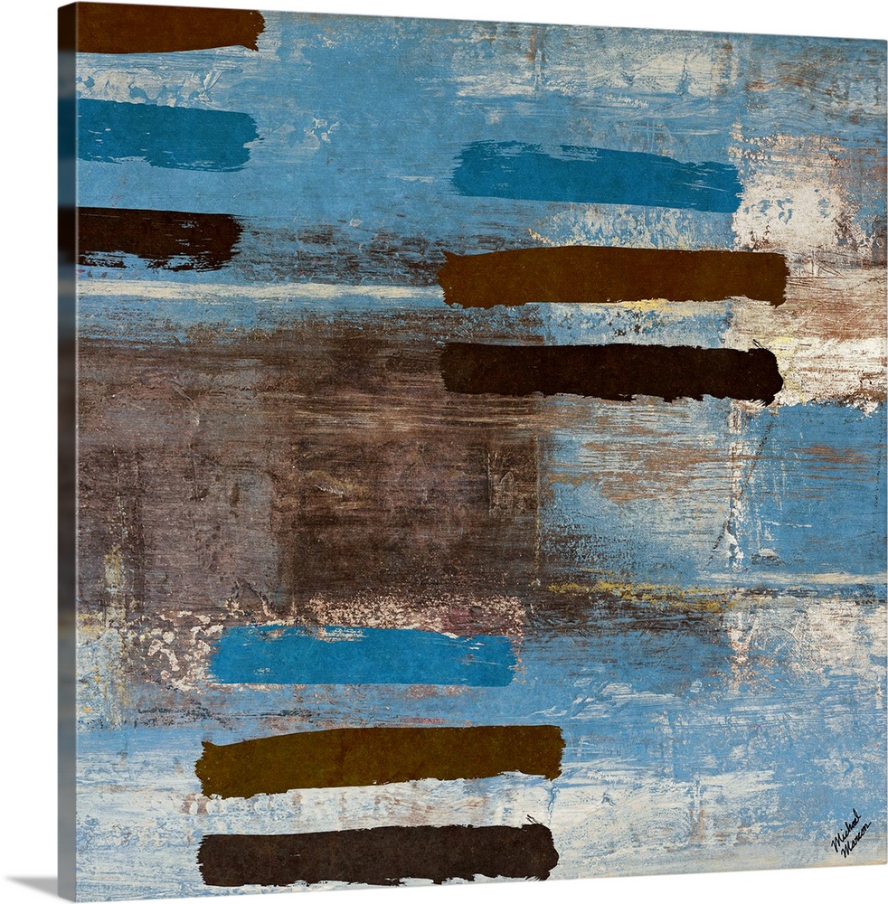 Contemporary abstract painting of grouped lines on a distressed background.