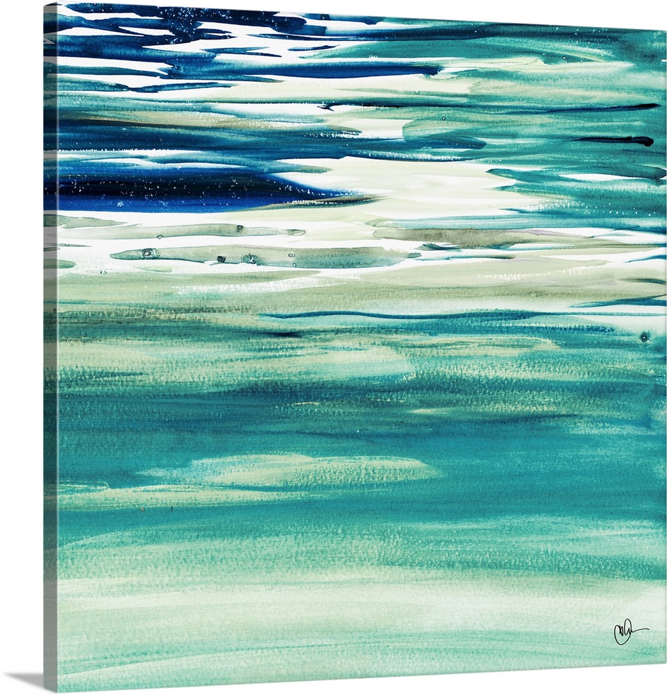 This contemporary artwork features horizontal dry brush strokes of various shades of blue.