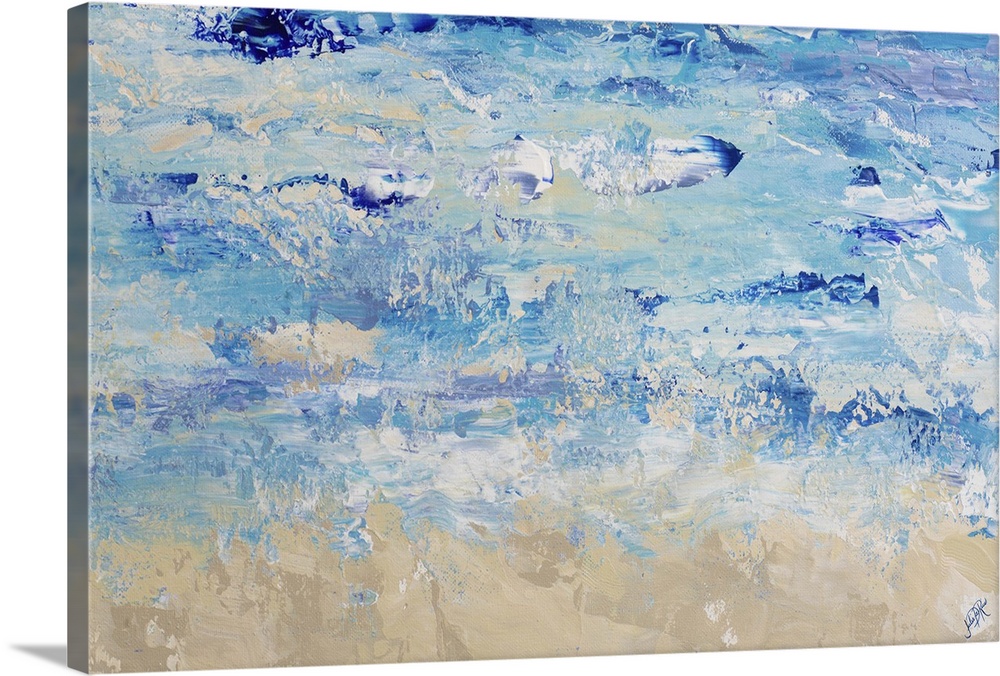 A contemporary abstract painting with various blue hues with added white and tan hues to resemble ocean waves crashing on ...