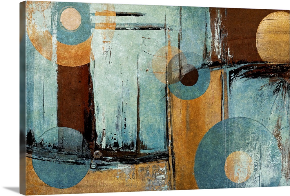 Giant abstract art composed of different distressed rectangular patches of earth toned colors.  Overlaid on top of the pat...