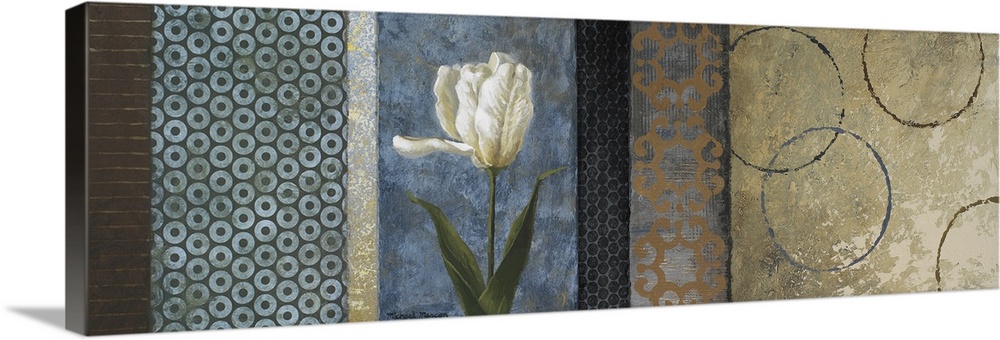 Long panoramic art piece with a white tulip being the focal point surrounded by different colors and shape stripes.