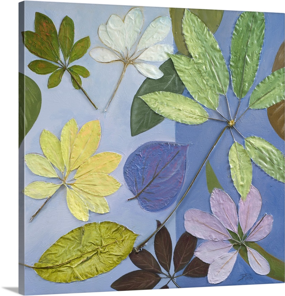 A contemporary cool toned painting of a variety of different leaves.