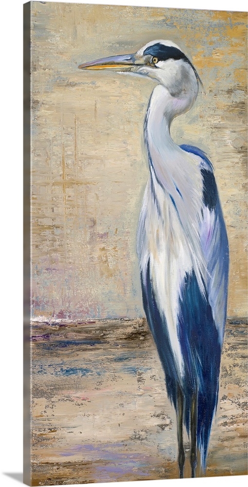 Big, portrait painting of a blue heron standing against a background of crackling, rough neutral tones.