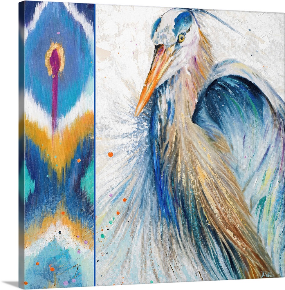 Contemporary painting of a intense looking heron against a background with a colorful Ikat pattern.