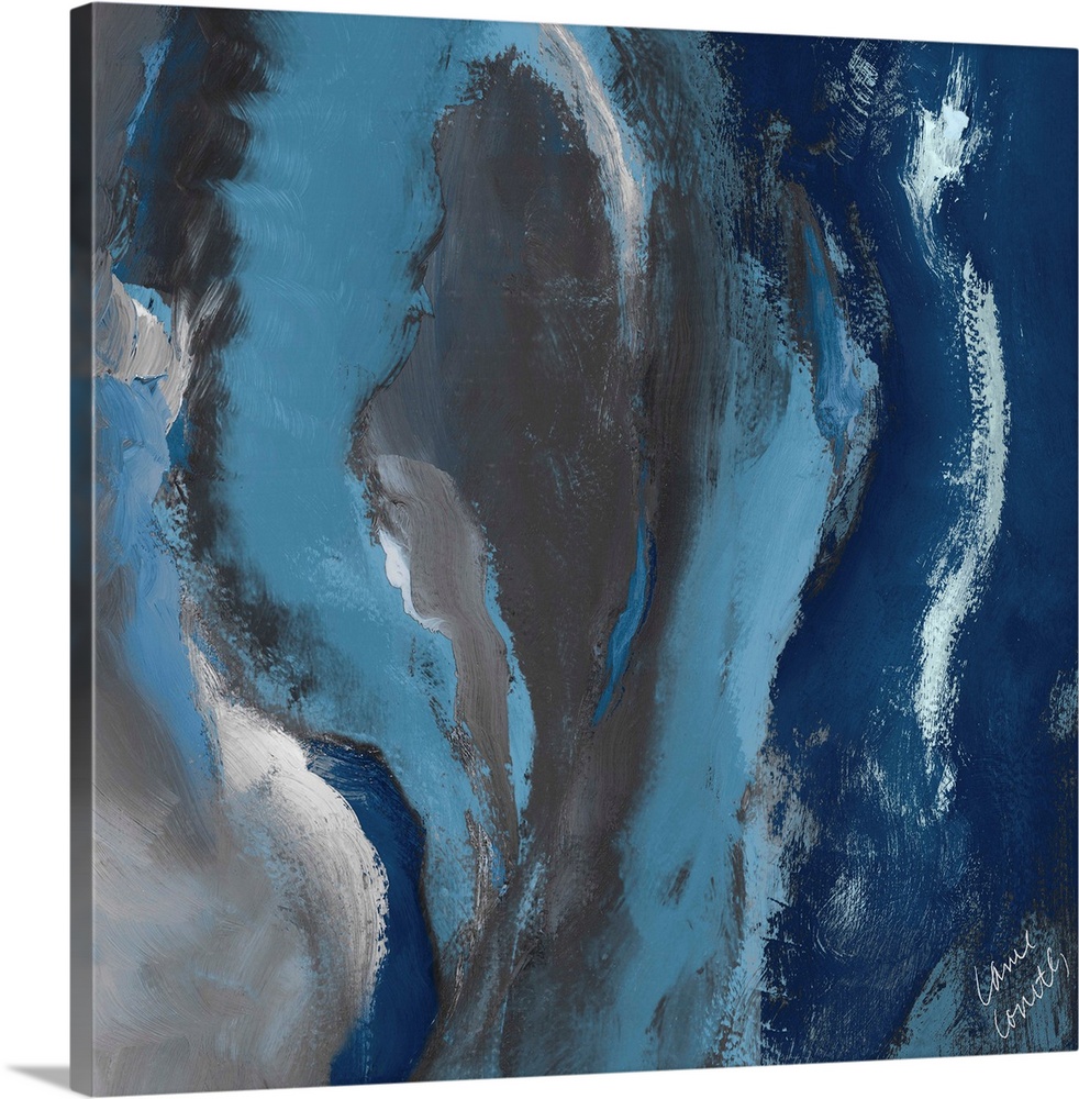 Contemporary abstract painting using light and dark blue tones to create a sense of depth.