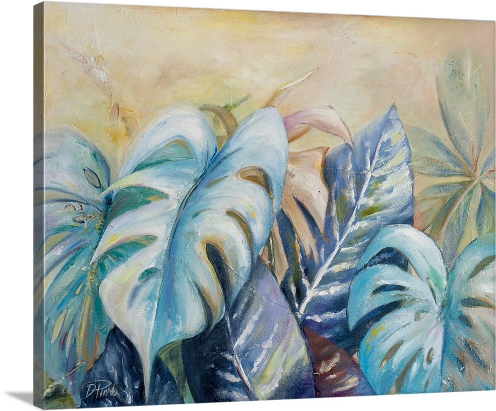 A contemporary painting of a cluster of blue leafed plants.