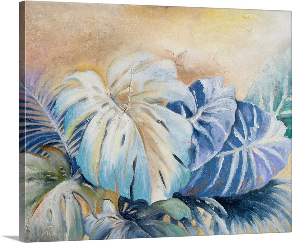 A contemporary painting of a cluster of blue leafed plants.