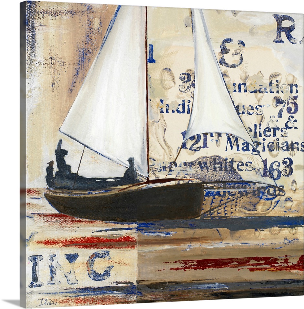 Square painting of a sailboat on canvas with abstract writing and layers of paint behind it.