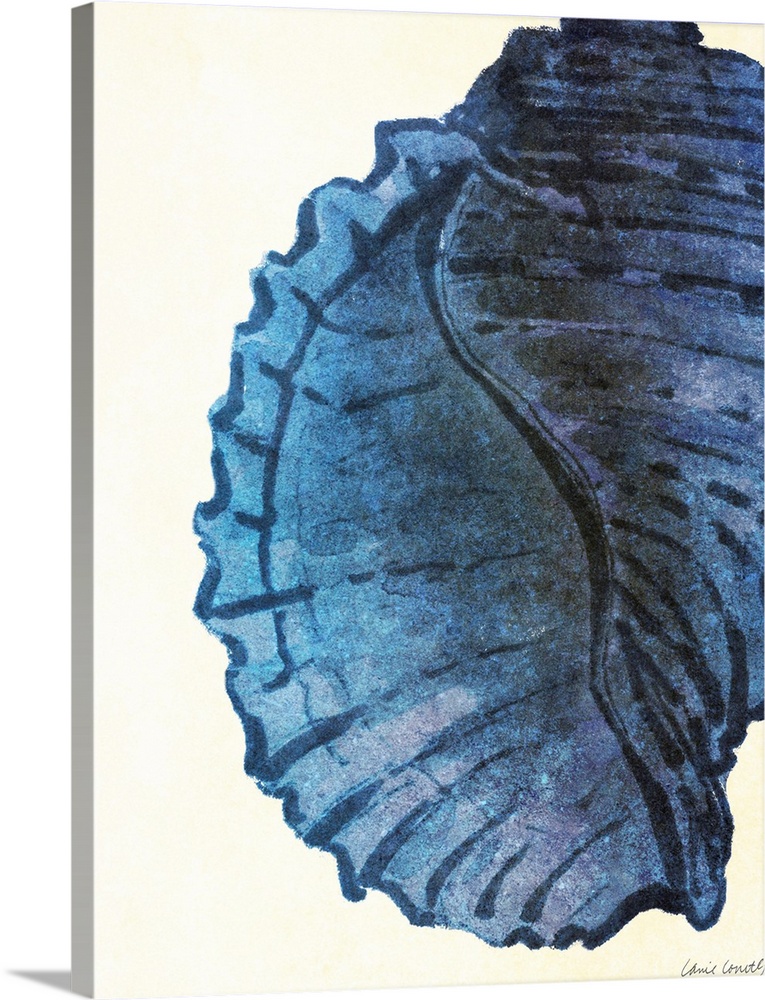 Painting of a blue spiral shell against a cream background.