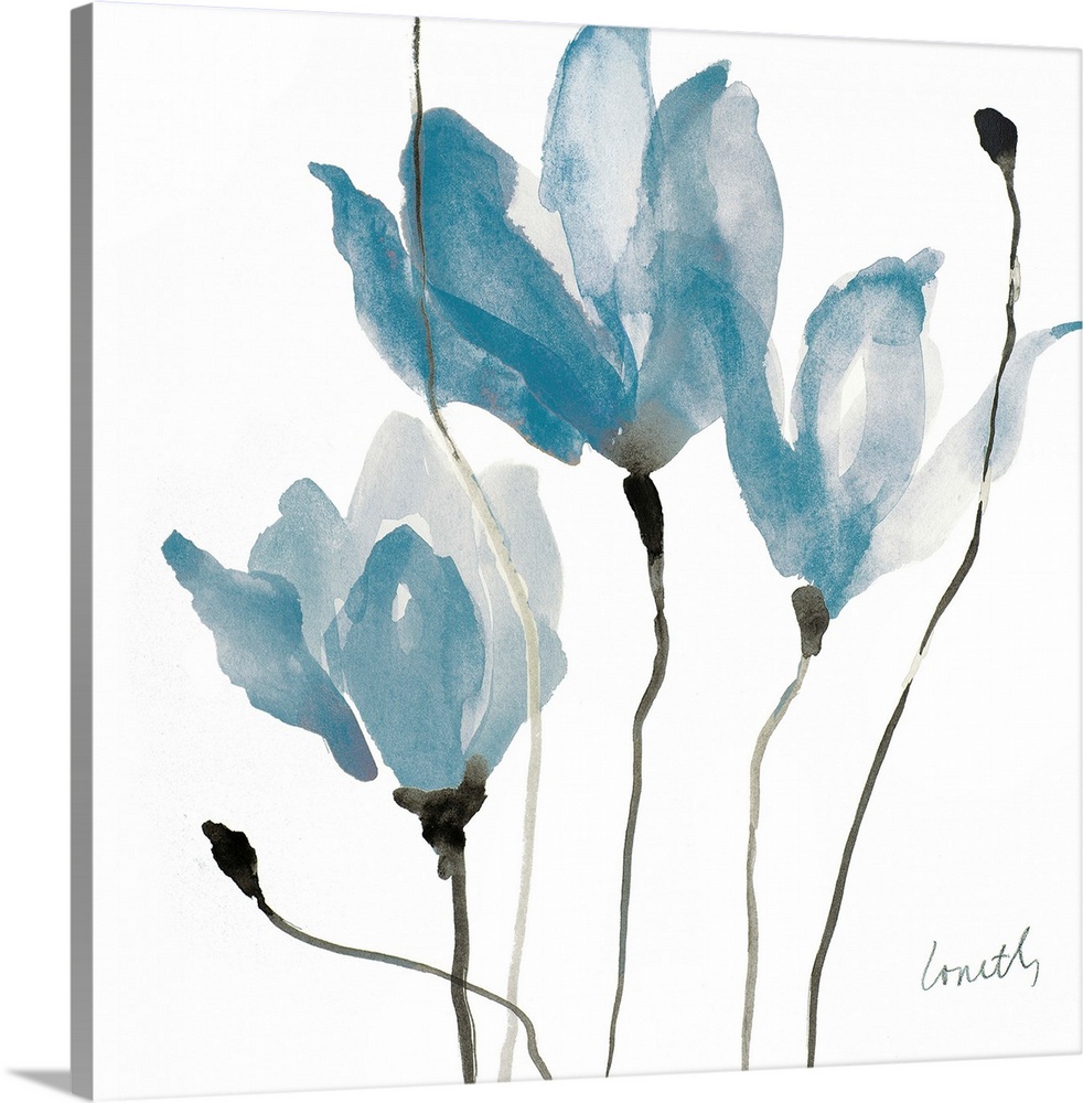 A square watercolor painting of three blue flowers with thin, black stems.