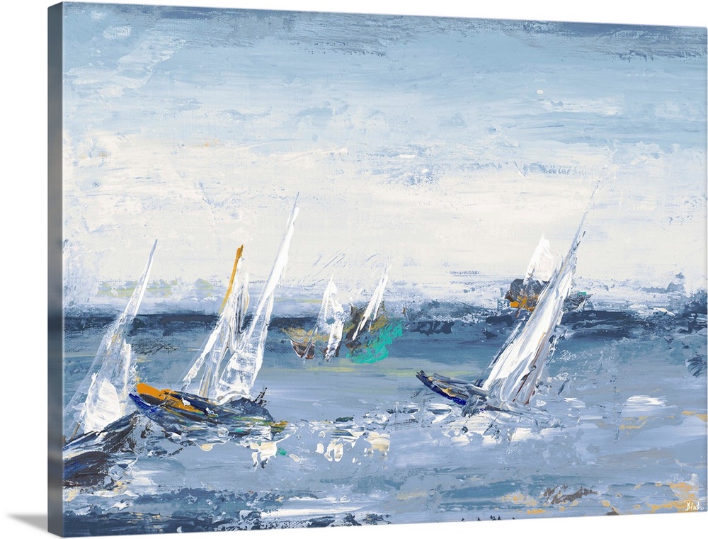 Contemporary painting of sailboats in the middle of the ocean with rough waves and visual paint texture.