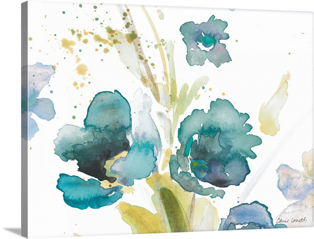 Blue Watercolor Modern Poppies I