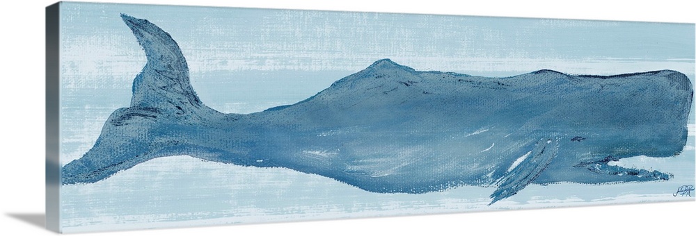 Painting of a large blue whale in the ocean.