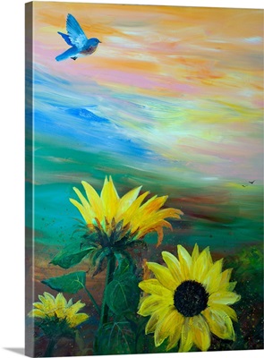 BlueBird Flying Over Sunflowers