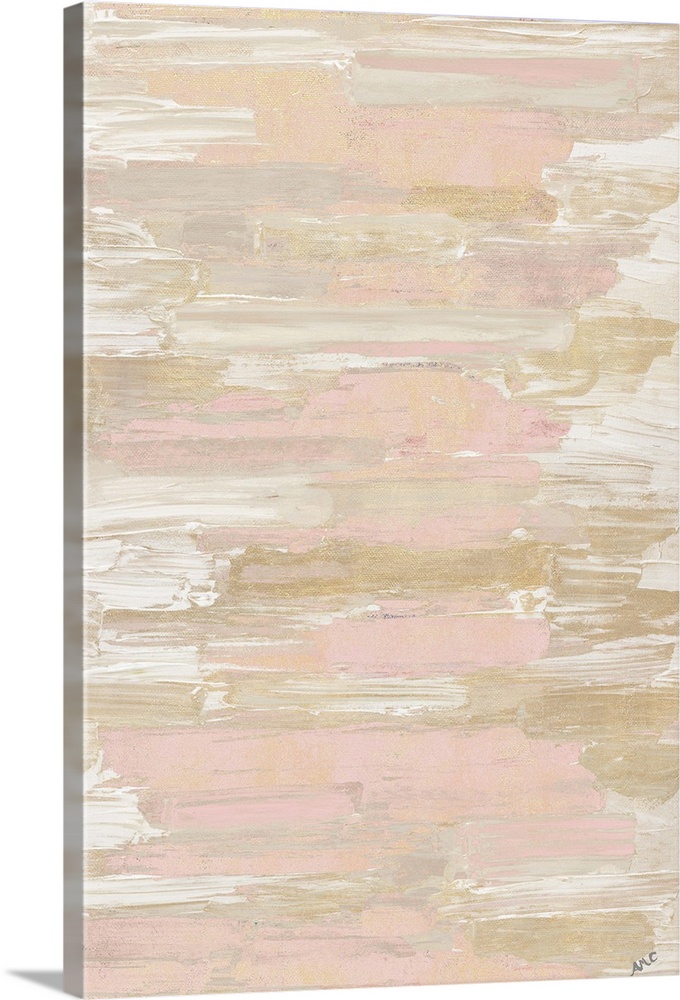 An abstract painting with horizontal brushstrokes in shades of pink, gold, gray, and white with minor hints of blue.