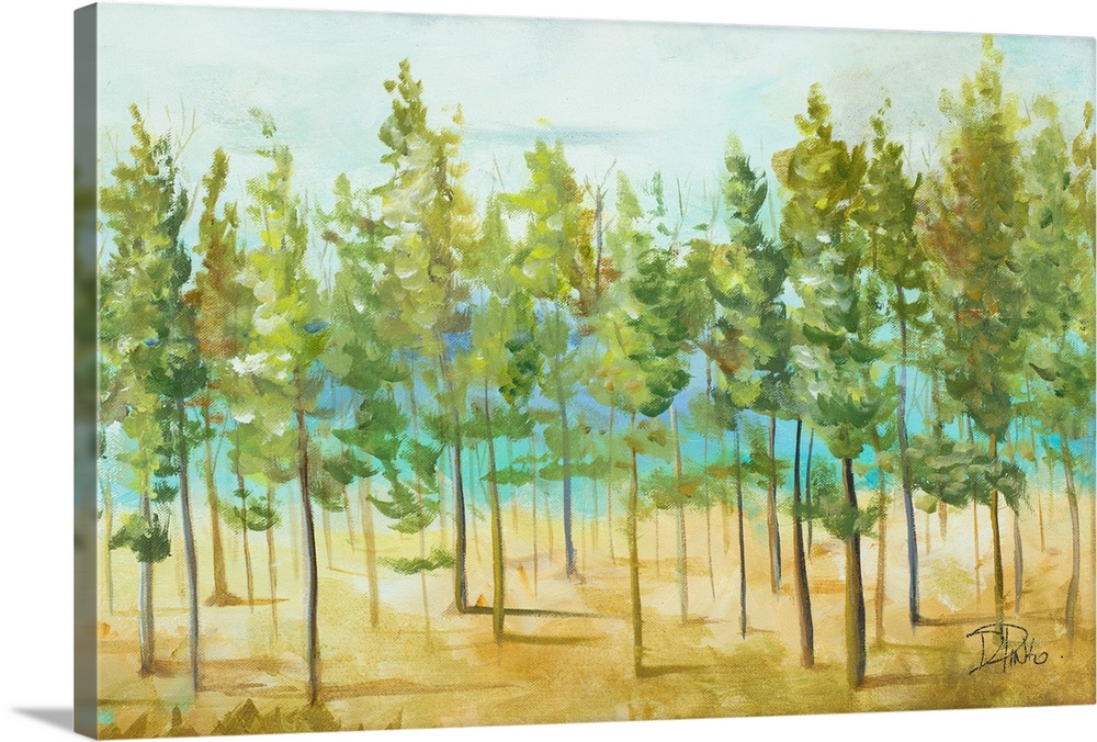 Contemporary painting of a row of thin trees with bright green leaves.