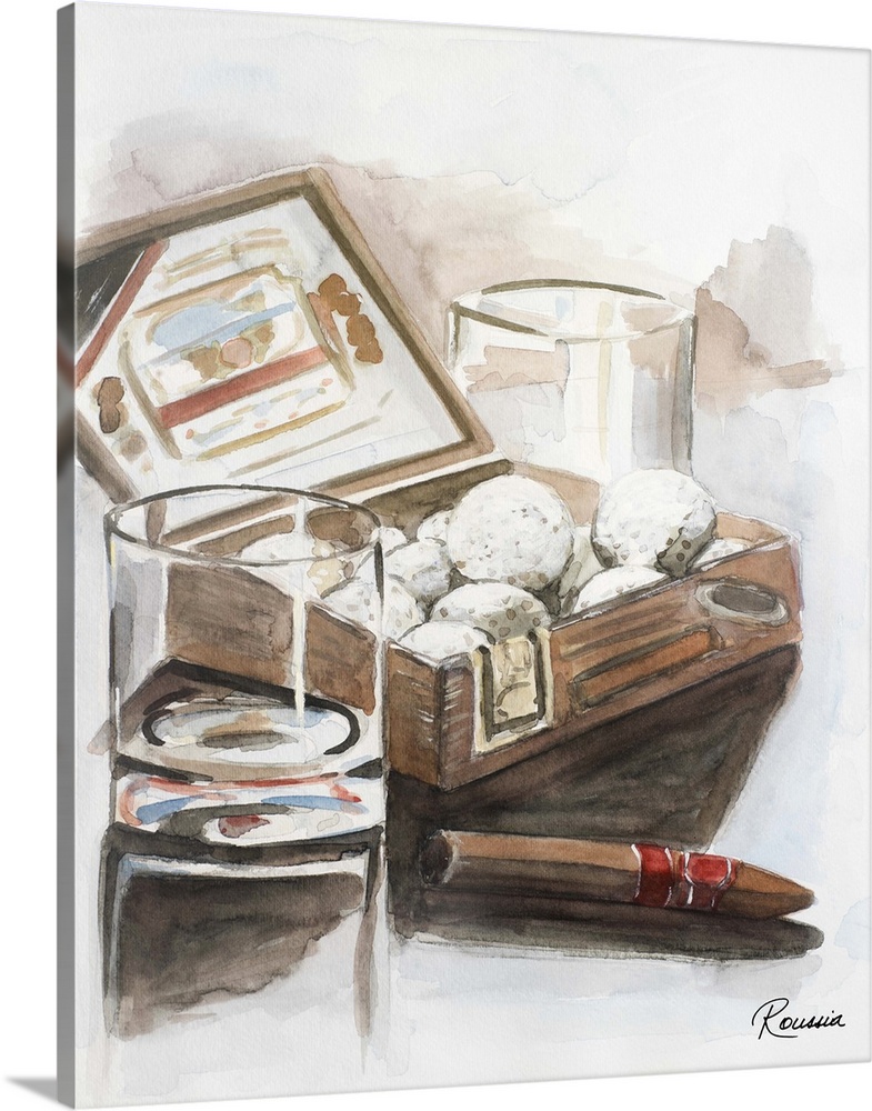 Painting of a box of golf balls with glasses and a cigar.
