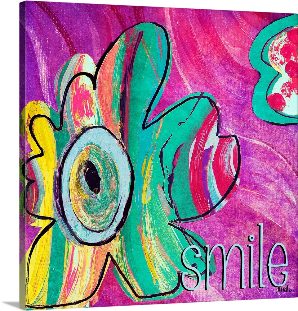 A colorful abstract painting of flowers with the word "smile" at the bottom right corner.