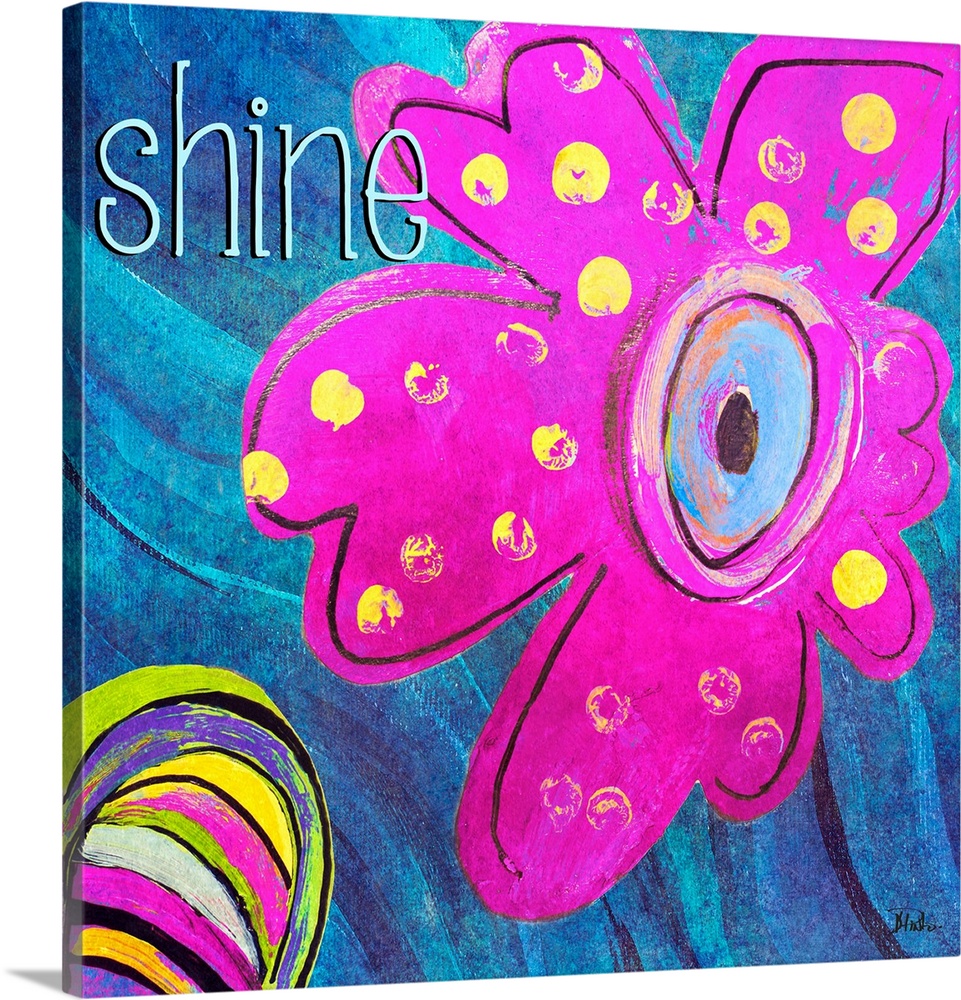 A colorful abstract painting of flowers with the word "shine" at the top left corner.