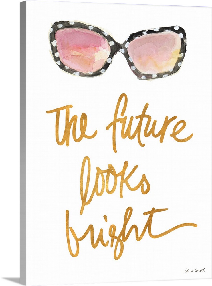Watercolor painting of a pair of black sunglasses with white polka dots and the phrase "The future looks bright" written a...