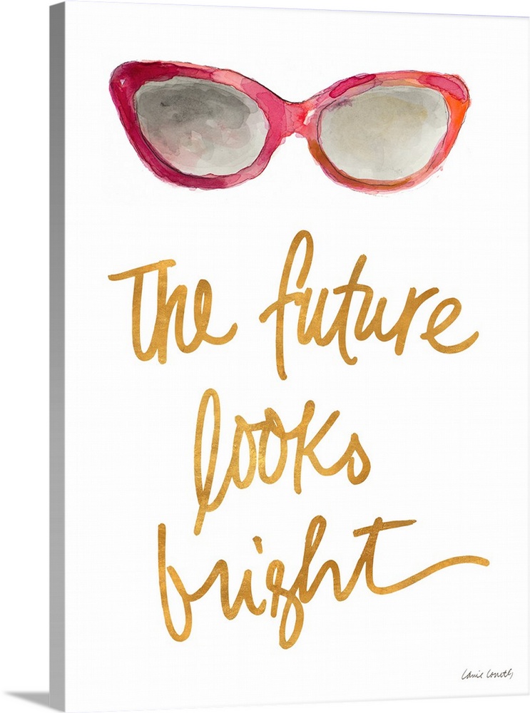 Watercolor painting of a pair of red and orange sunglasses with "The Future Looks Bright" written at the bottom in metalli...