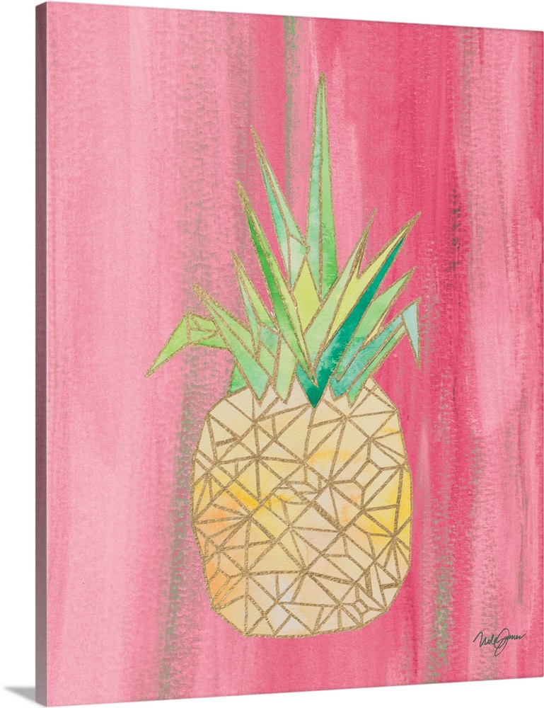 Watercolor painting of a pineapple created with metallic gold geometric shapes on a pink background.