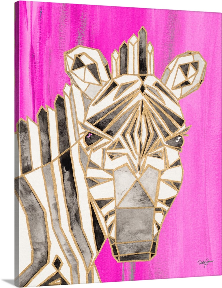 Watercolor painting of a zebra created with metallic gold geometric shapes on a bright pink background.