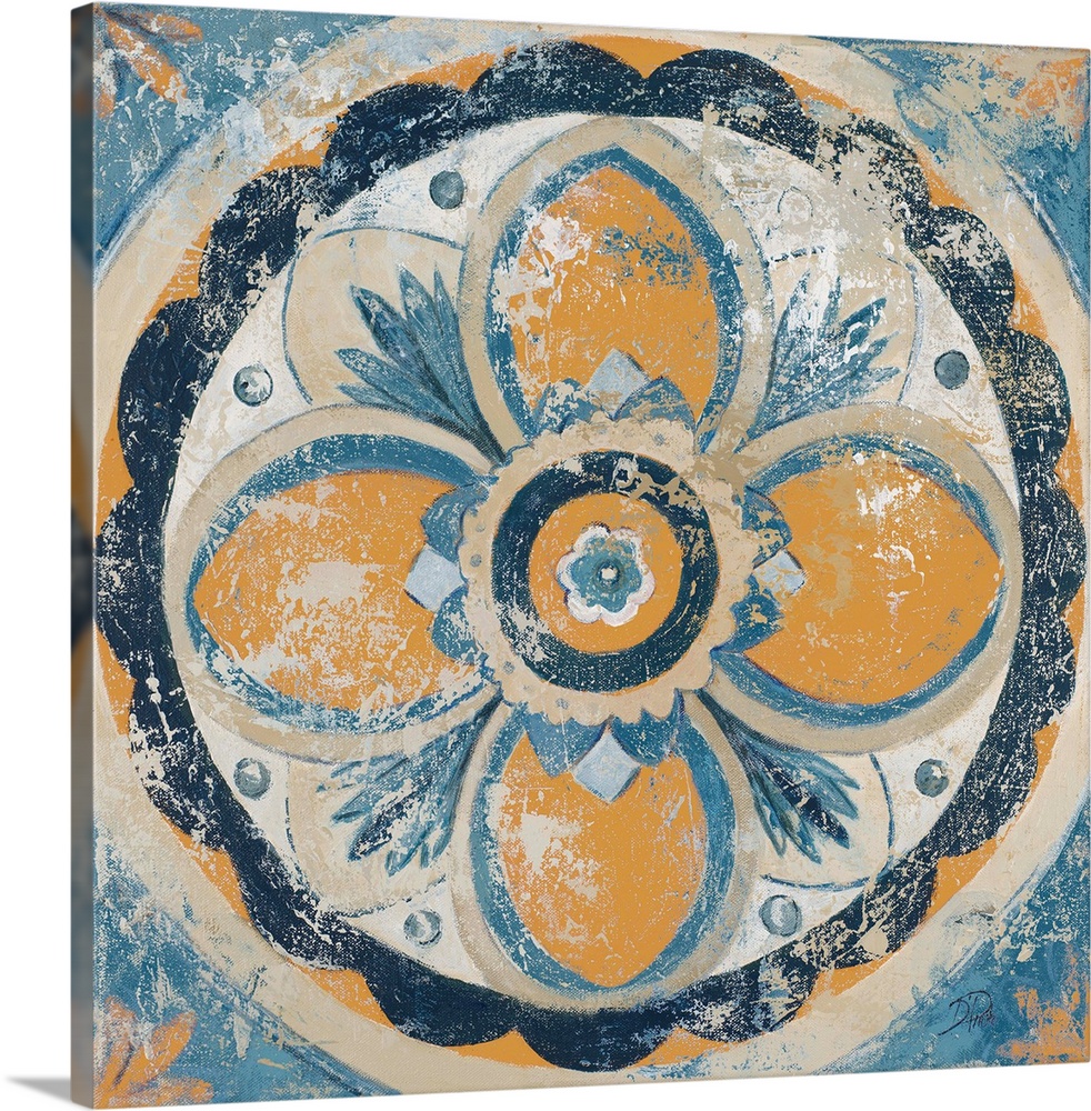 A decorative antique style painting of a medallion with a floral design.