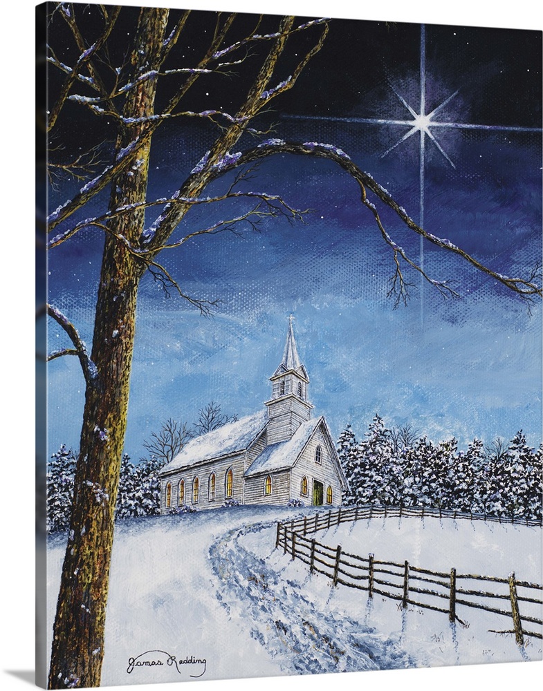 A contemporary painting of a white church on top of a snowy hill with a bright, white, shining star lighting up the sky.