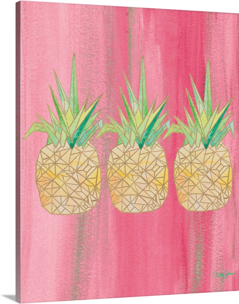 Painting of three pineapples created with metallic gold geometric shapes on a pink background.