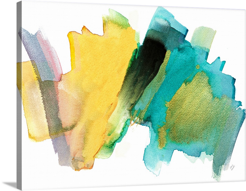Yellow and blue brush strokes decorate a horizontal abstract artwork.
