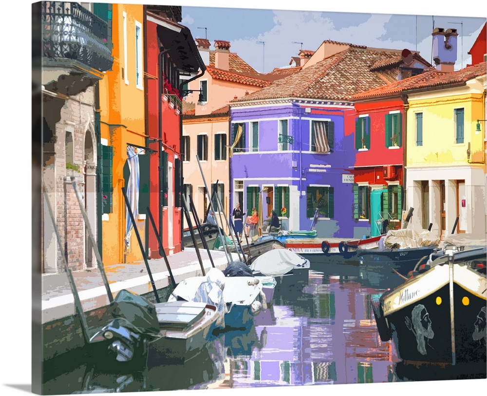 Filtered photo of a back canal in Venice lined with colorful houses and boats.