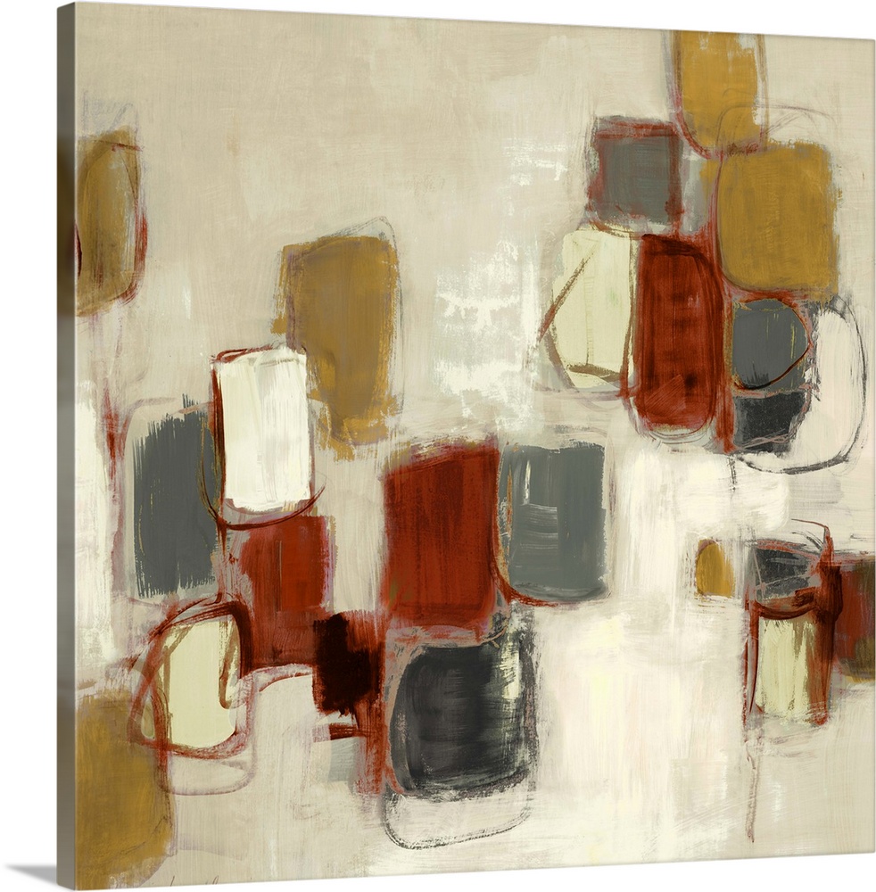 Patches of colored squares on a stark background are featured in this abstract painting by Lanie Loreth.