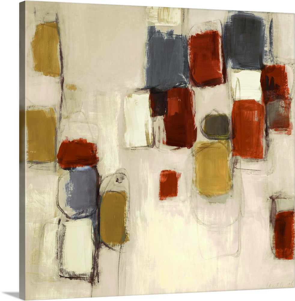 Square abstract painting on canvas of various colored brushstrokes.