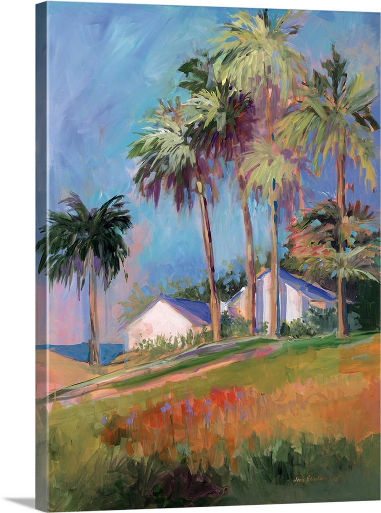 Contemporary painting of a house surrounded by tall palm trees on the coast.