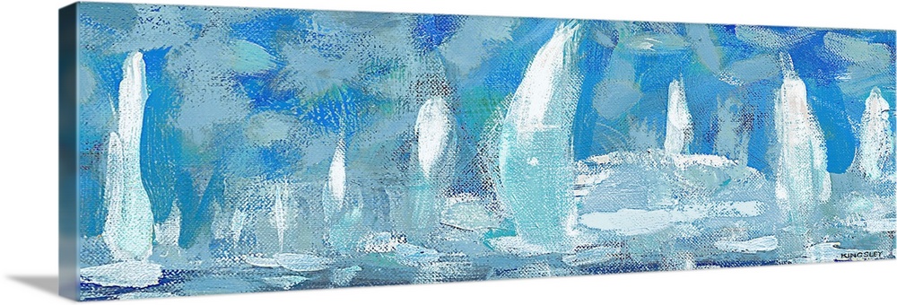Horizontal artwork of a group of white sailboats against a blue sky.