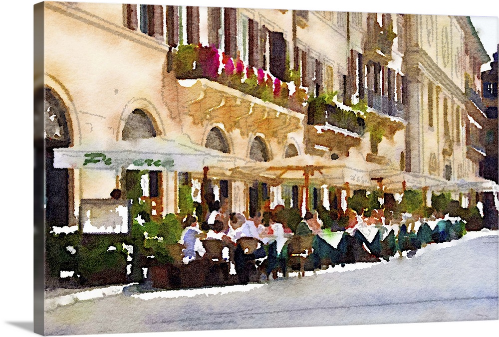 Watercolor-style image of people dining outdoors in a cafe in Italy.
