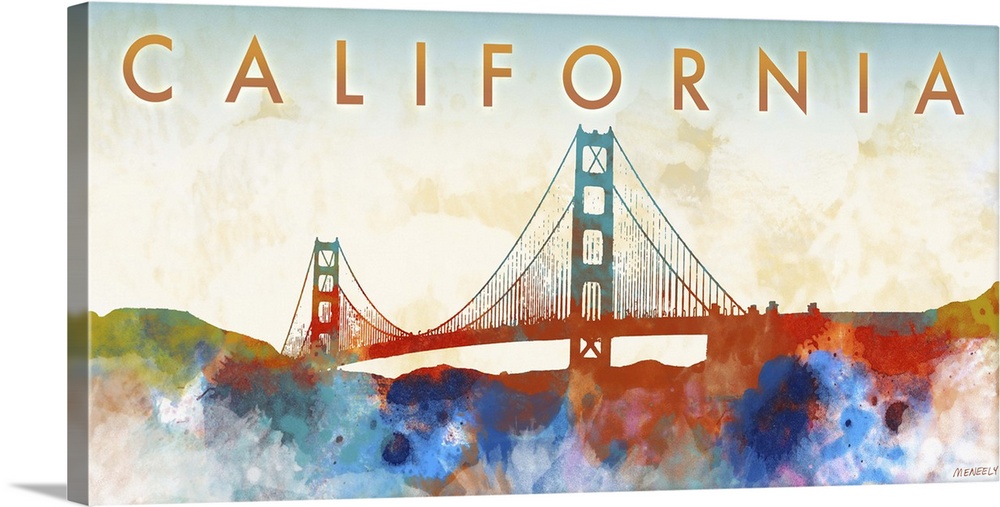 Watercolor-style silhouette of the Golden Gate bridge and the text "California."