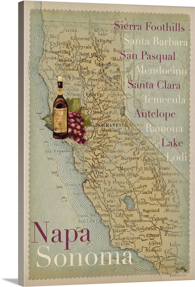 A map of California with wine tourism locations, including Napa and Sonoma.