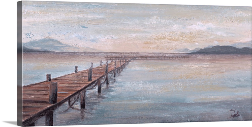 Contemporary painting of a long pier on Lake Placid with mountains in the background in hues of blue, purple, and tan.