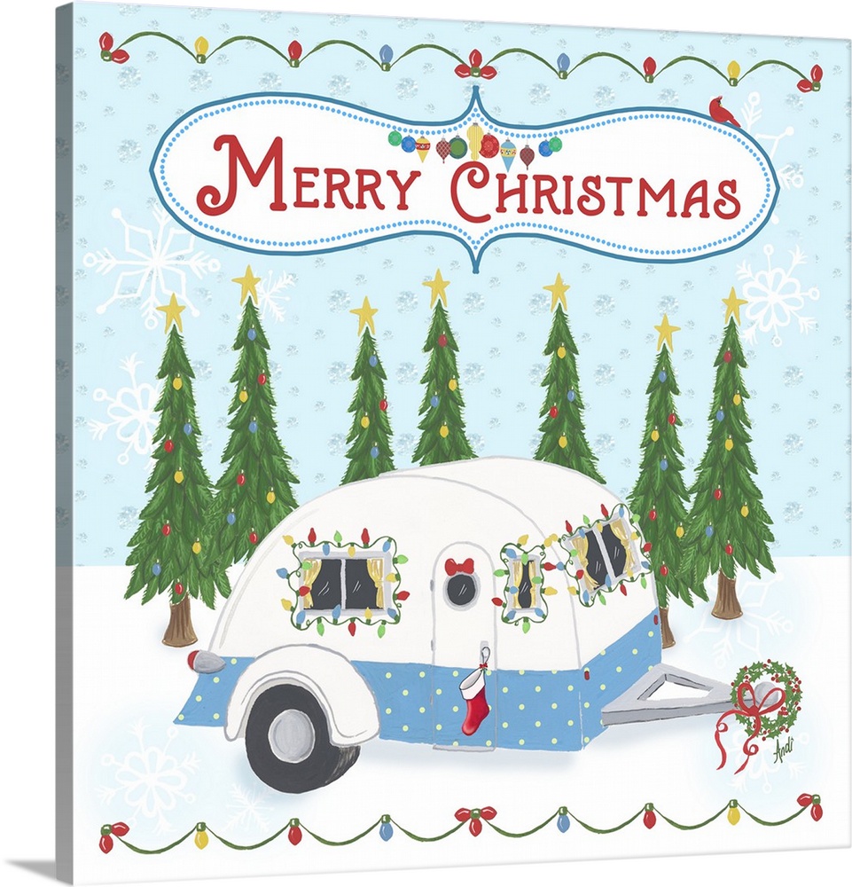Square illustration of a camper parked in the snow in front of Christmas trees decorated for Christmas.