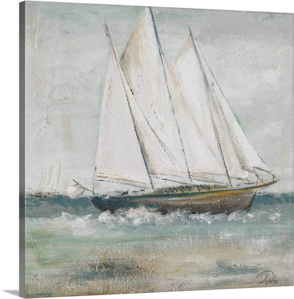 Painting of a sailboat gracefully traversing the seas.