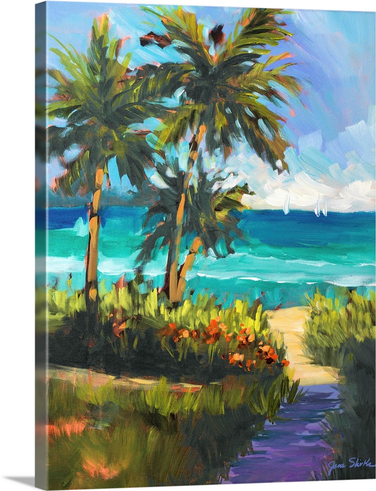 Contemporary artwork of a group of palm  trees by a sandy path leading to the ocean.