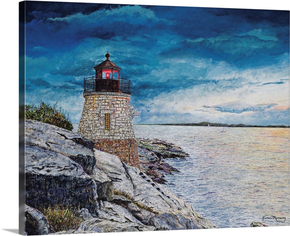 A contemporary landscape painting of a stone lighthouse by a rocky seashore.