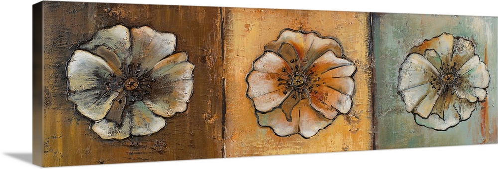 Oil painting of three round flowers in sepia tones, arranged in a row, giving the impression of a triptych.